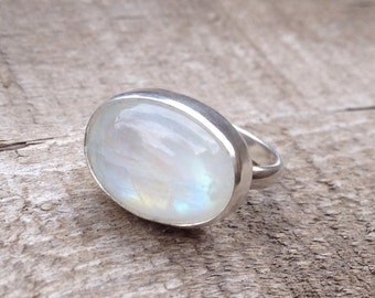 Elegant Horizontal Large Oval White Rainbow Moonstone Sterling Silver Statement Ring | June Birthstone Ring | Moonstone Ring