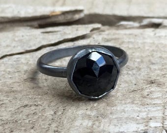 Elegant Modern Cube Cut Geometric Black Onyx Octagon Patina or Dark Oxidized Sterling Silver Ring | Boho | Rocker | Gunmetal Onyx Ring