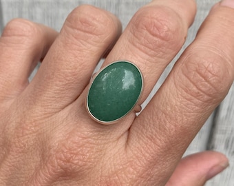 Large Oval Green Aventurine Sterling Silver Ring | Large Oval Green Stone Ring | Boho | Made to Order Ring | Minimalist Ring