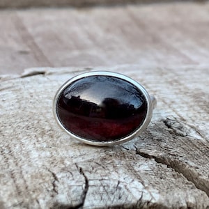 Horizontal Oval Dark Red Garnet Sterling Silver Statement Ring | January Birthstone Ring | Garnet Ring | Boho | Birthstone Jewelry