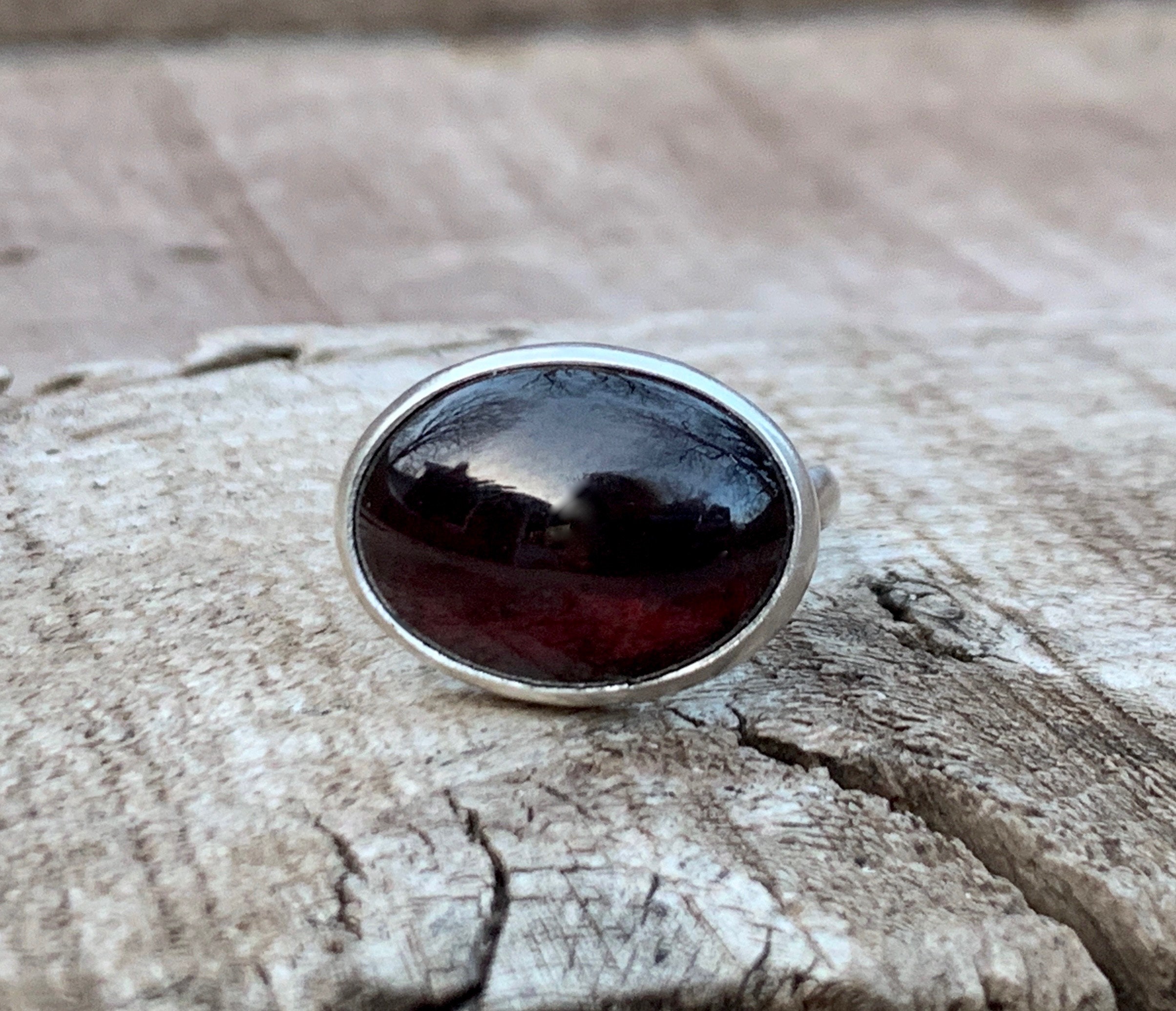 Horizontal Oval Dark Red Garnet Sterling Silver Statement Ring | January Birthstone Ring | Garnet Ring | Boho | Birthstone Jewelry
