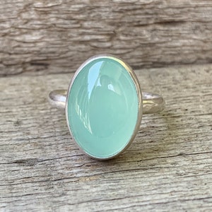 Astrological Aqua Chalcedony Oval Sterling Silver Solitaire Statement Ring | Boho | Chalcedony Ring | Gifts for Her |  Silver Ring