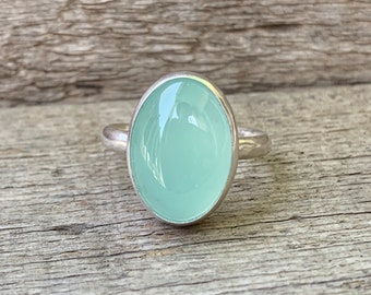 Astrological Aqua Chalcedony Oval Sterling Silver Solitaire Statement Ring | Boho | Chalcedony Ring | Gifts for Her |  Silver Ring