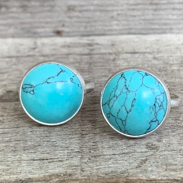 Bague ronde en argent sterling turquoise du Tibet bleu vif | Bague turquoise veinée | Bohème | Bague pierre de naissance de décembre | Cadeaux pour elle