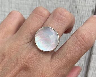 Large Round Luminescent White Mother of Pearl Sterling Silver Statement Ring | White Stone Ring | Made to Order | Mermaid Jewelry