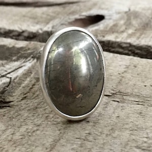 Boho Rocker Chic Large Minimalist Oval Golden Pyrite Sterling Silver Ring | Pyrite Ring | Statement Ring | Fools Gold Ring | Boho | Rocker