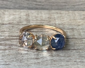 14 Karat Gold Plated Rutilated Quartz Ring Size 6 | Multi Stone Ring | Quartz Ring | Gold Ring | Stacking Ring