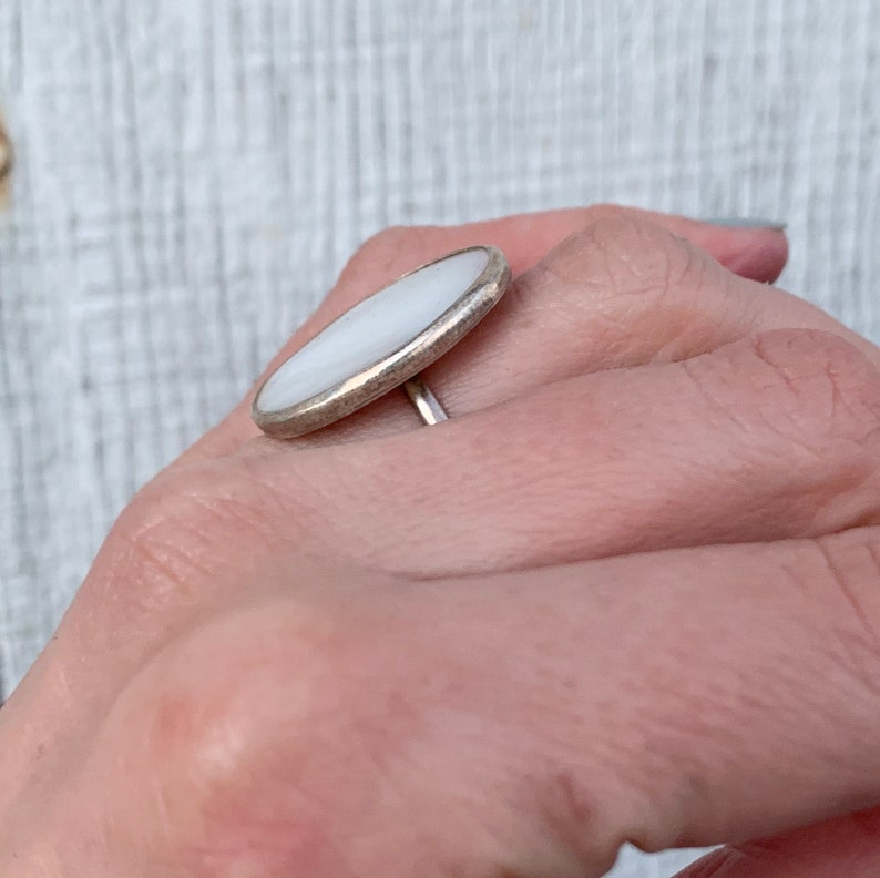 Boho Chic White Oval Mother of Pearl Ring in Sterling Silver Mermaid Jewelry Boho Shell Ring June Birthstone White Stone Ring image 5
