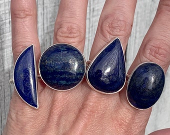 Geometric Edgy Blue Pyrite Flecked Lapis Lazuli Sterlin Silver Ring | Blue Stone Ring | Crescent Moon Ring | Oval Ring | Pear Shaped Ring