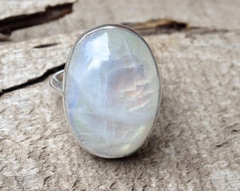 Elegant Large Oval White Rainbow Moonstone Sterling Silver Statement Ring | June Birthstone Ring | Flashy Moonstone Ring | Silver Ring