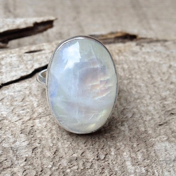 Elegant Large Oval White Rainbow Moonstone Sterling Silver Statement Ring | June Birthstone Ring | Flashy Moonstone Ring | Silver Ring