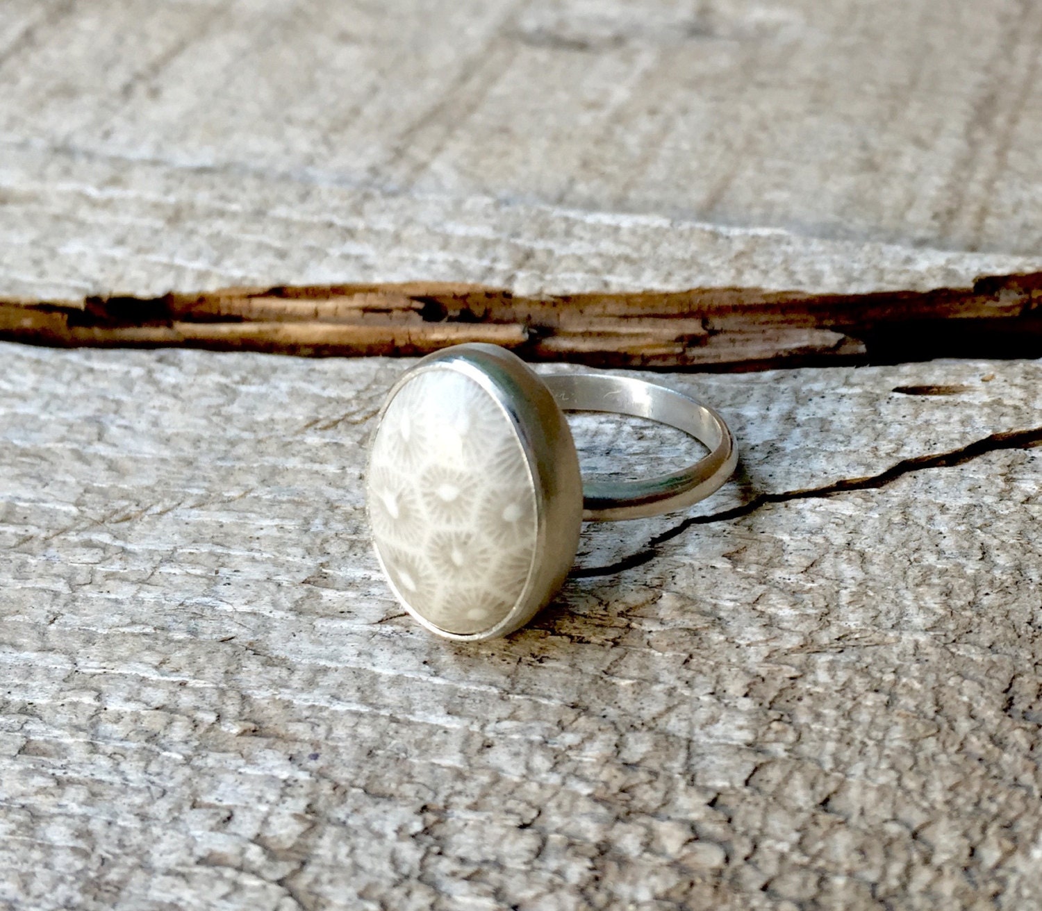 White and Grey Coral Fossil Ring Sterling Silver Fossil Ring | Etsy