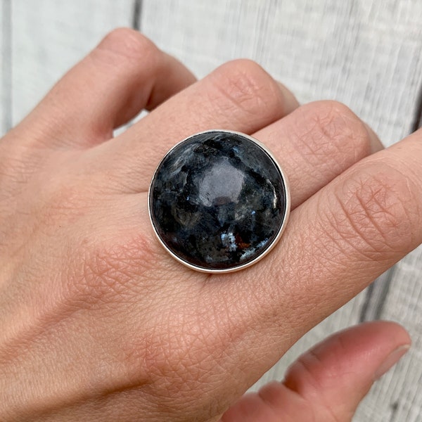 Stunning Unique Large Round Larvikite Black Grey Silver Statement Sterling Silver Ring | Black Moonstone Ring | Boho | Feldspar Ring