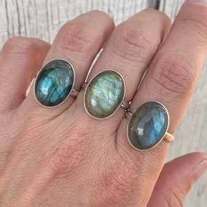 Large Oval Blue Green Flashy Labradorite Sterling Silver Statement Ring | Labradorite Ring | Silver Ring | Protection Stone | Gifts for Her