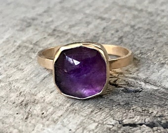 Romantic Purple Faceted Cushion Cut Amethyst 14 Karat Gold Ring | Gold Amethyst Ring | Birthstone Ring | Engagement Ring | Gifts for Her