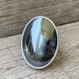 Large Oval Gray Reflective Hematite Sterling Silver Ring | Boho | Rocker | Edgy | Hematite Ring | Gifts for Her | Mirror Gray Gemstone Ring