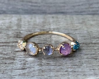 14 Karat Gold Plated Topaz Amethyst Moonstone Labradorite Quartz Ring | Vintage Ring | Multi Stone Ring | Stacking Ring | Birthstone Ring