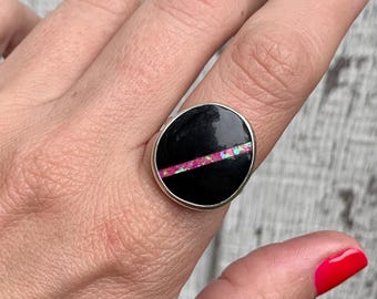 Free Form Black Onyx and Pink Opal Striped Sterling Silver Inlay Ring | Pink Opal Ring | Black Onyx Ring | Mosaic Stone Ring | Vintage Ring