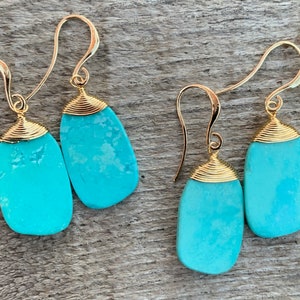 Gold Wire Wrapped Blue Turquoise Dangle Drop Boho Chic Earrings Turquoise Earrings Turquoise Chip Earrings Gold Statement Earrings image 3