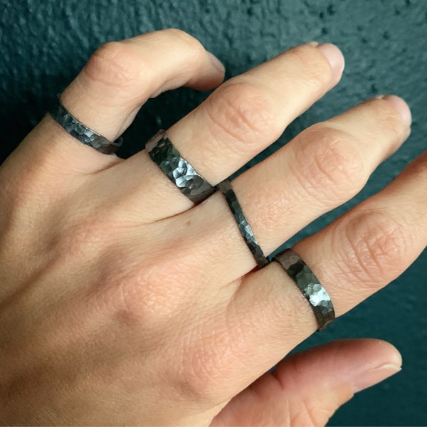Unisex Minimalist Chic Sterling Silver Gunmetal Hammered Ring Band | Dark Silver Band | Wedding Band | Boho | Stacking Ring | Midi Ring
