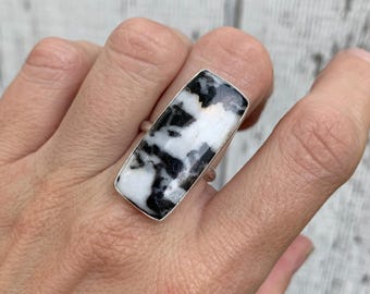 Large Rectangle Black and White Buffalo Turquoise Sterling Silver Statement Ring | White and Black Stone Ring | Southwest Vibes