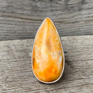 One of a Kind Teardrop or Pear Shaped Orange Agate Sterling Silver Ring | Color Infused Agate Ring | Boho Jewelry | Orange Stone Ring