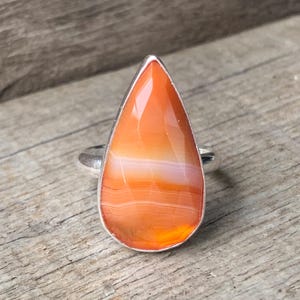 Elegant Teardrop Striped Red Orange White Agate Sterling Silver Ring Size 6-6.5 | Red Orange White Stone Ring | Geometric Stone Ring