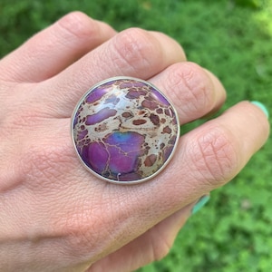 Large Round Purple Ocean Jasper Sterling Silver Statement Ring | Boho | Jasper Ring | Silver Ring | Sea Jasper Ring | Mermaid Jewelry