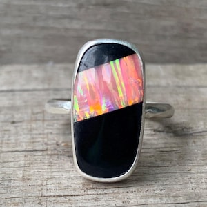 Cushion Cut Pink Coral Bello Opal and Ceramic Inlay Stone Sterling Silver Statement Ring | Rectangle Pink Stone Ring | Size 7.75-8.75