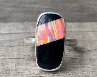 Cushion Cut Pink Coral Bello Opal and Ceramic Inlay Stone Sterling Silver Statement Ring | Rectangle Pink Stone Ring | Size 7.75-8.75