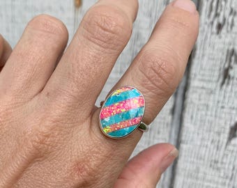 Oval Blue Turquoise Pink Opal Inlay Sterling Silver Ring | Multi Stone Ring | 90's Jewelry | Retro Vibe | Made to Order | Turquoise Ring