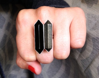 Glam Rock Hexagon Black Agate and Pyrite Wand Double Terminated Point Sterling Silver Ring | Boho Ring | Rocker | Geometric Ring