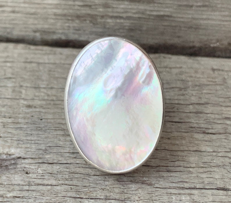 Boho Chic White Oval Mother of Pearl Ring in Sterling Silver Mermaid Jewelry Boho Shell Ring June Birthstone White Stone Ring image 7
