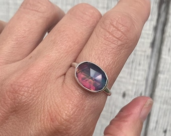 Horizontal Oval Bright Colored Faceted Aurora Opal Doublet Sterling Silver | Neon Stone Ring | Faceted Gemstone Ring | Solitaire Ring | Boho