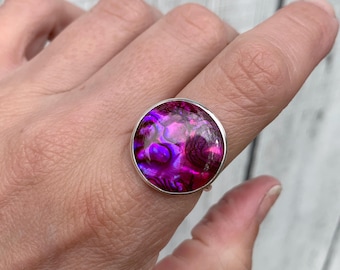 Pink Purple Blue Green Round Paua Shell Elegant Sterling Silver Ring | Beachy | Paua Shell Ring | Mermaid Jewelry | Abalone Shell Ring