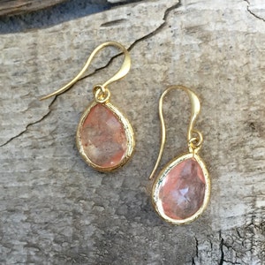 Teardrop Gold Plated Faceted Pink Rose Cherry Quartz Earrings with Gold Plated Hoops | Wedding | Bridesmaid Jewelry | Elegant Earring