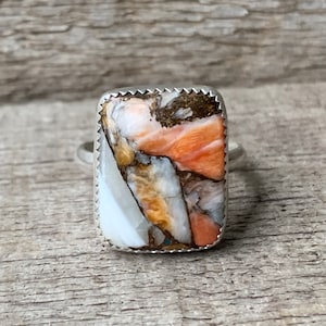Large Rectangle Cushion Cut Copper Spiny Oyster Sterling Silver Ring | Turquoise Ring | Boho | One of a Kind Ring | Made to Order Ring