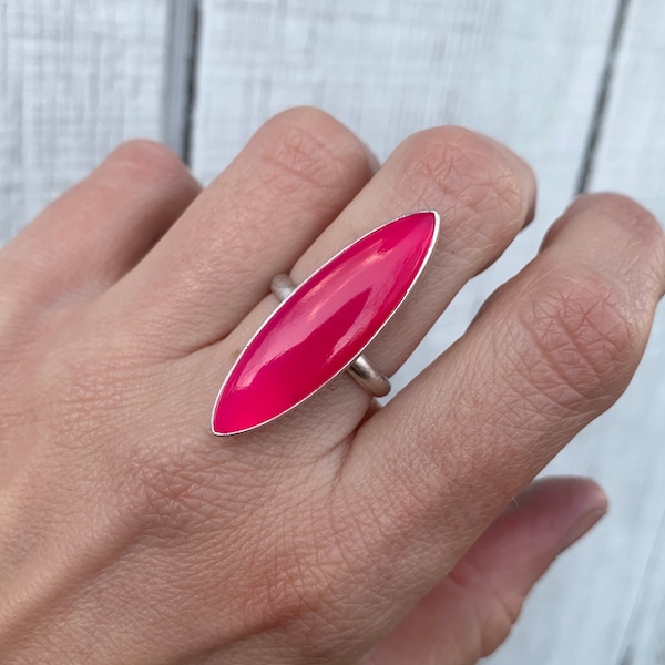Hot Pink Long Marquise Chalcedony Elegant Sterling Silver Ring | Pink Gemstone Ring | Pink Ring | June Birthday | Eye Shaped Chalcedony Ring