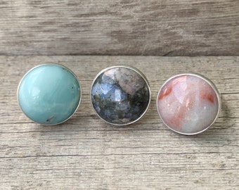 20mm Round Llanite or Amazonite Solitaire Sterling Silver Ring | Blue Stone Ring | Pink Stone Ring | Blue Gray Pink Stone Ring | Boho
