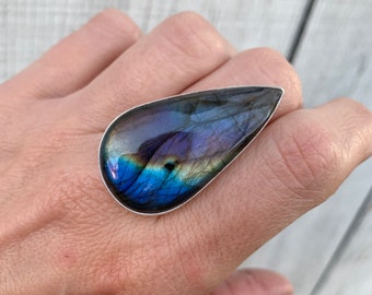 Stunning Large Teardrop or Pear Shaped Rainbow Labradorite Sterling Silver Statement Ring | Large Ring | Multi Colored Stone Ring | Boho