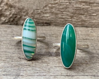 Oval Striped or Swirly Green Agate Sterling Silver Ring | Green Stone Ring | Made to Order Jewelry | Gifts for Her | Boho | Minimalist Ring