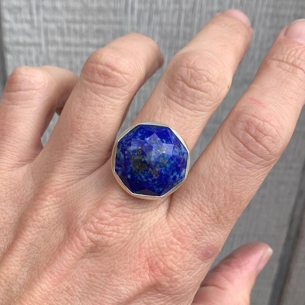 Stunning Large Round Cobalt Blue Faceted Lapis Lazuli Sterling Silver Statement Ring | Blue Gemstone Ring | Birthstone Ring