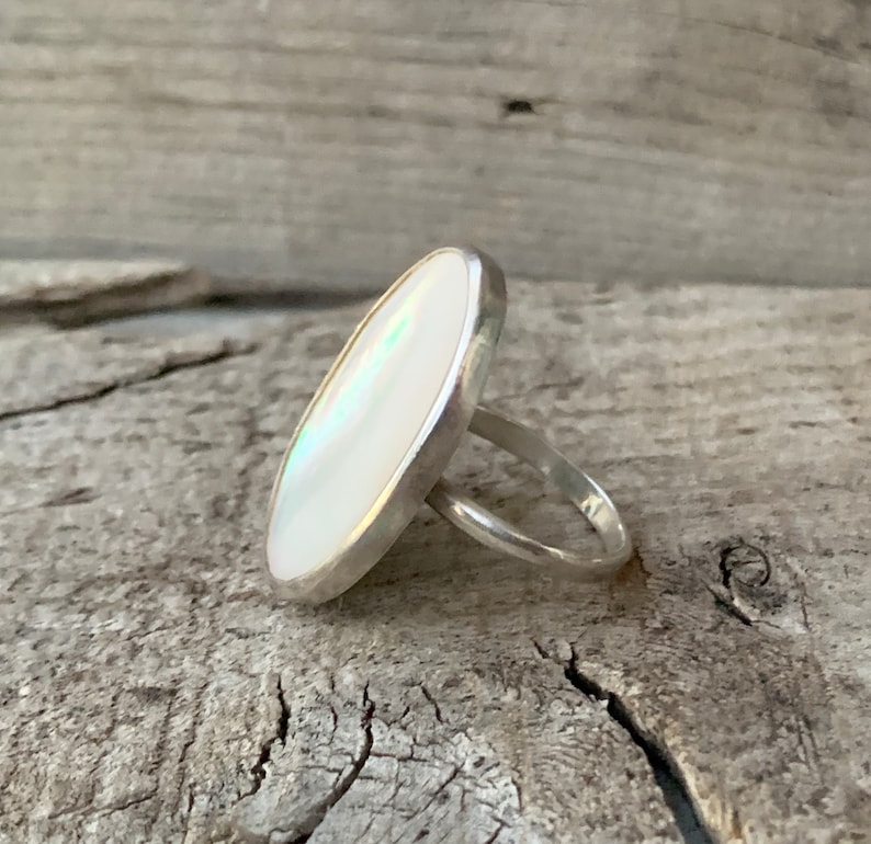 Boho Chic White Oval Mother of Pearl Ring in Sterling Silver Mermaid Jewelry Boho Shell Ring June Birthstone White Stone Ring image 4