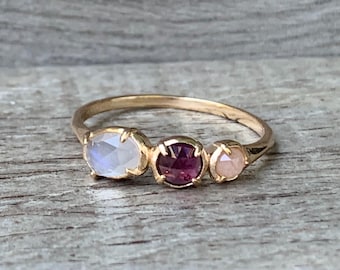 14 Karat Gold Plated Moonstone Garnet Pink Tourmaline Ring | Dainty Ring | Engagement Ring | Vintage Ring | Solitaire Ring