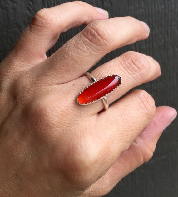 Minimalist Elongated Oval Blood Red Carnelian Sterling Silver Statement  Ring with Serrated Bezel Carnelian Ring July Birthstone Ring