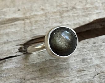 Elegant Golden Sheen Black Obsidian Sterling Silver Solitaire Ring | Sheen Obsidian Ring | Golden Obsidian Ring | Boho | Rocker | Edgy