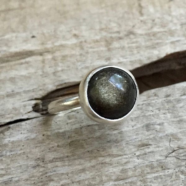 Elegant Golden Sheen Black Obsidian Sterling Silver Solitaire Ring | Sheen Obsidian Ring | Golden Obsidian Ring | Boho | Rocker | Edgy