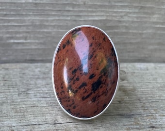 Large Oval Mahogany Obsidian Sterling Silver Statement Ring |  Brown Black Stone Ring | Custom Ring | Chunky Ring