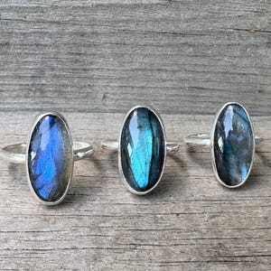 Elongated Oval Flashy Blue Labradorite Sterling Silver Ring of Protection | Labradorite Ring | Silver Ring | Energy Stone Ring | Boho
