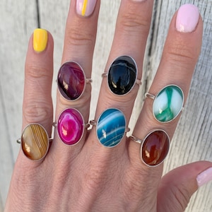 Made to Order Pink Blue Black Yellow Green Swirly Striped Agate Sterling Silver Ring | Agate Ring | Choose Your Stone | Gifts for Her | Boho